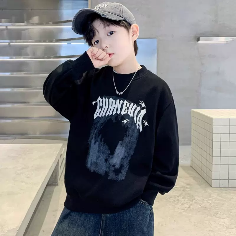 男童加绒卫衣秋冬季2025新款中大童男孩时尚儿童帅气圆领套头上衣