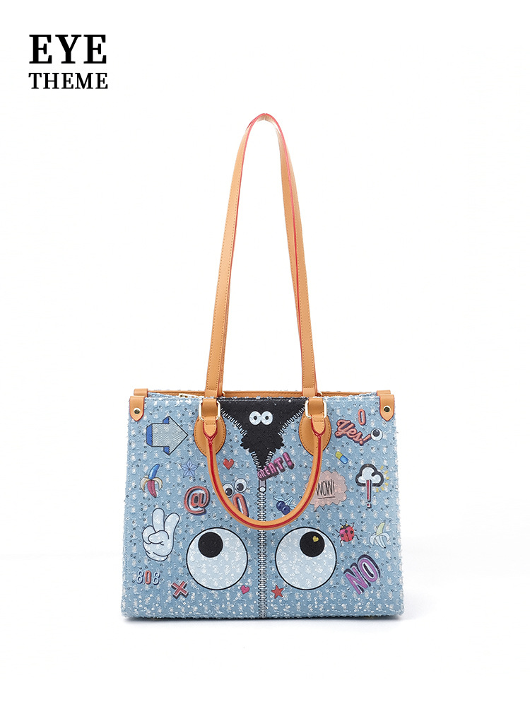 Damas de gran tamaño, cremallera bordada de tejido denim, gran capacidad de moda, contraste de color para damas, almacenamiento de dibujos animados 2707 #