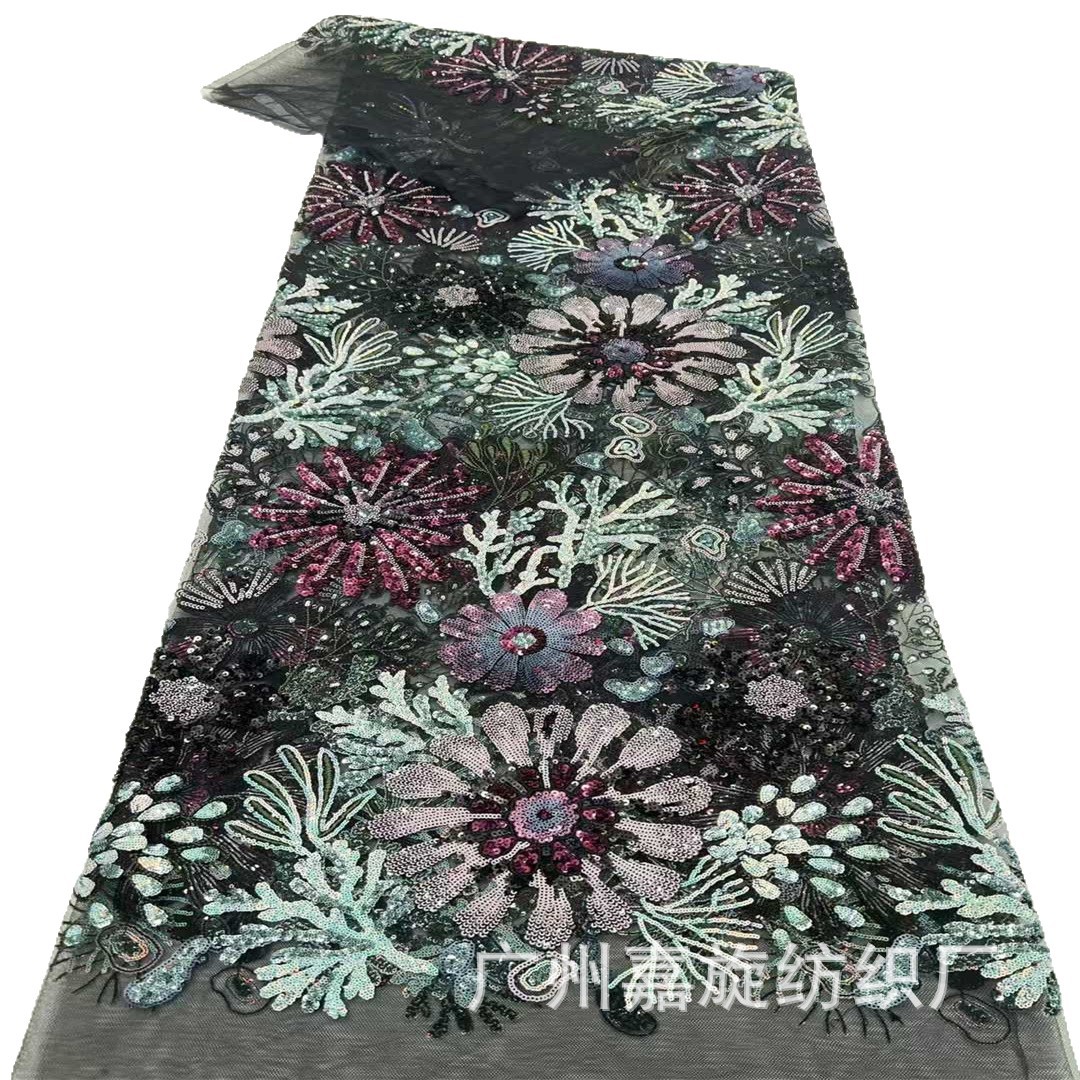 Nuevo estilo nacional flor laminado de color sequinilla tela bordada de alta calidad cheongsam vestido vestido cuentas bordadas tela de encaje image 6