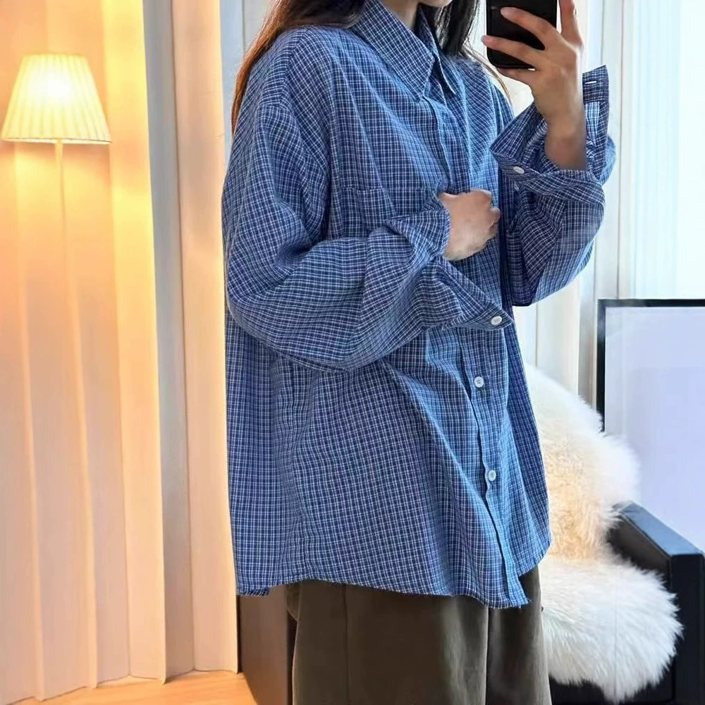 Синяя клетчатая рубашка женская ранняя весна 2025 новый корейский топ свободный повседневный дизайн с длинными рукавами