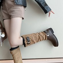 马思纯同款~不过膝增高时髦扣带圆头拼接粗跟骑士长筒靴女堆堆靴