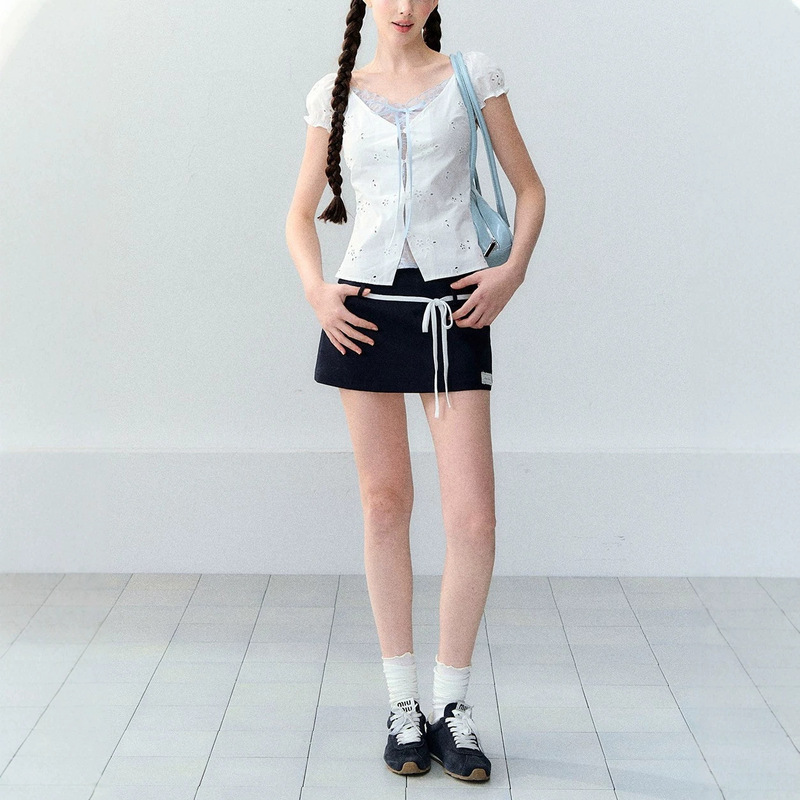 Original Korean-Style Sweet Elastic Puff-Sleeve Lace Hollow-Out Floral Faux Two-Piece Short-Sleeve Top