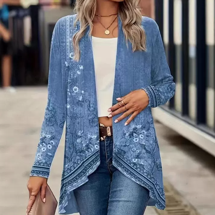 跨境亚马逊大码女装春秋季开衫无扣长袖植物花卉印花时尚披风外套