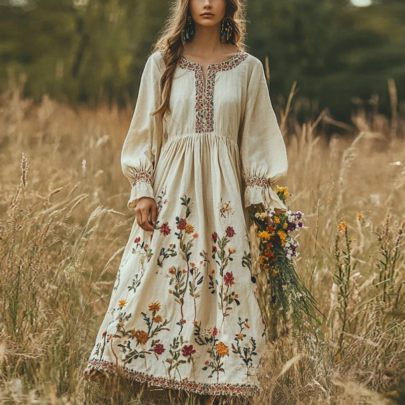 Amazon Cross-Border European and American 2025 New Autum Bohemian Long-Sleeved Dress Retro Long Skirt with Large Hem