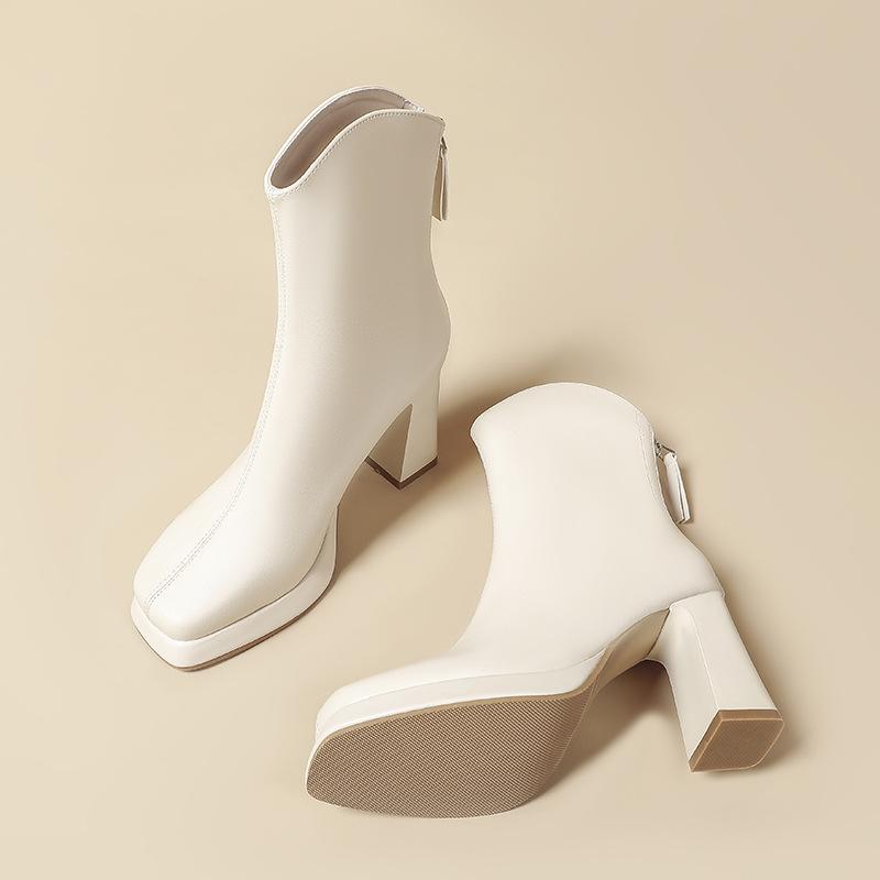 French style short boots for women, heels, thick heel, waterproof platform, back zipper, 2024 new Korean version, autumn_voghion.com