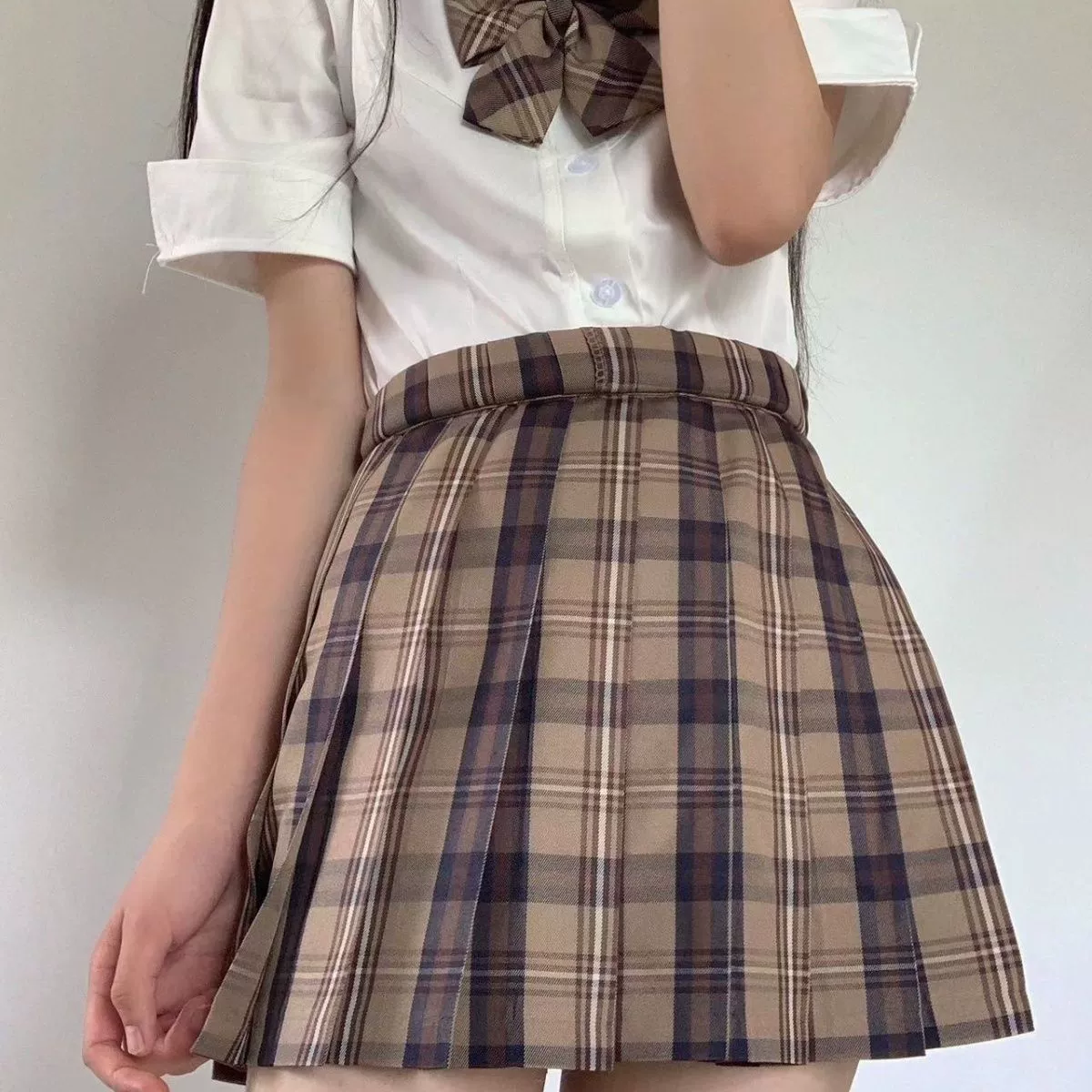 Brown student pleated skirt, plus size