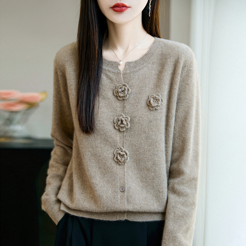 100纯羊毛立体钩花针织开衫外套女2025新款毛衣外穿秋冬女装上衣|undefined