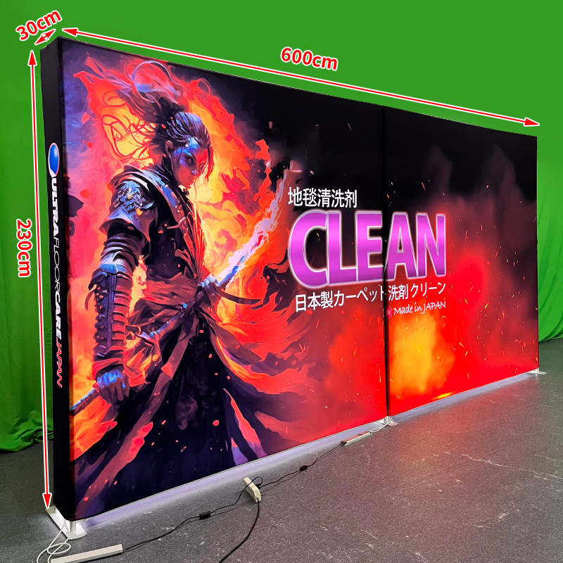 Espectáculo de pantalla rápida, caja de luz, estante de exhibición de red de tracción, diseño de exhibición de pared de fondo luminoso plegable LED de doble cara, construcción de exhibición