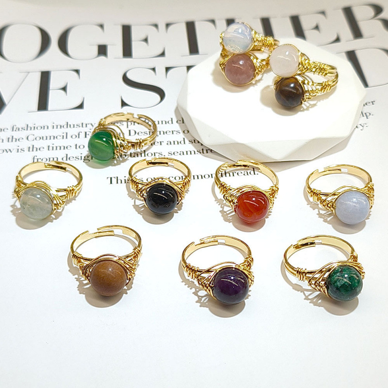 Cross-Border Hot-Selling Natural Stone Hand-Wound Copper Wire-Wound Ring European and American Cross-Border Men's and Women's Round Ball Shape