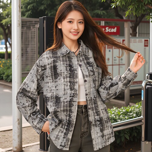 Women's Spring and Autumn Season Casual Loose Retro Print Check Shirt, American Trend Top