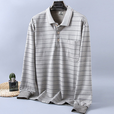 爸爸春裝上衣大碼寬松中年男士長袖T恤中老年人加厚棉條紋打底衫