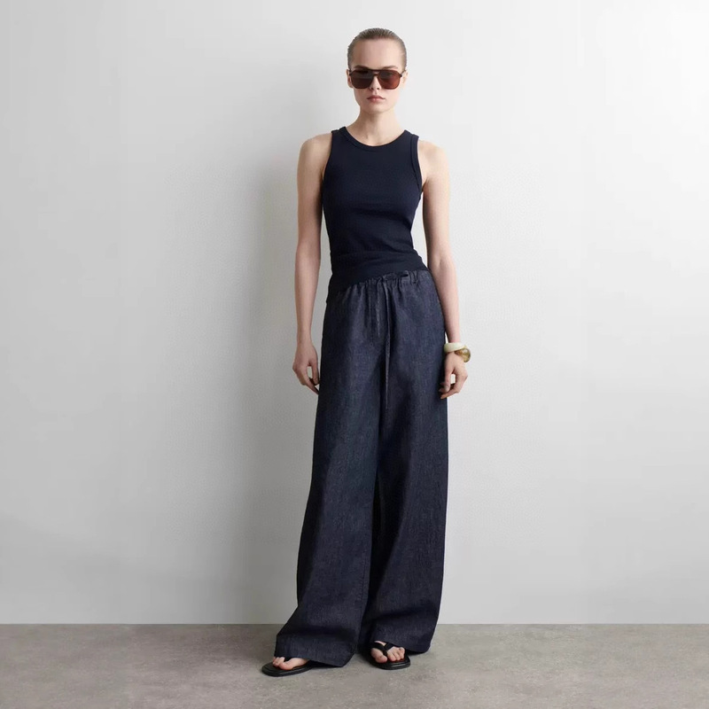 Tencel Linen Cos Style Women's Clothing Mall Same Style Casual Drawstring Waist Wide Leg Jeans 2025 Summer