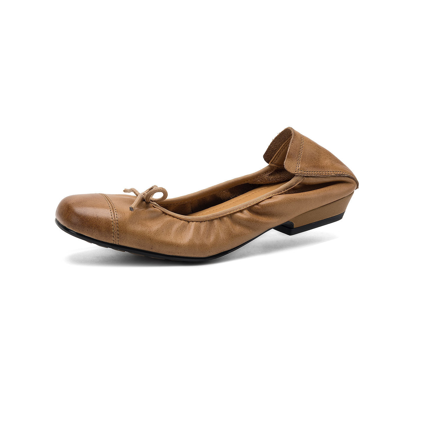 Giày ballet nữ mũi tròn da bò mềm, kiểu trứng cuộn, cổ nông — đen