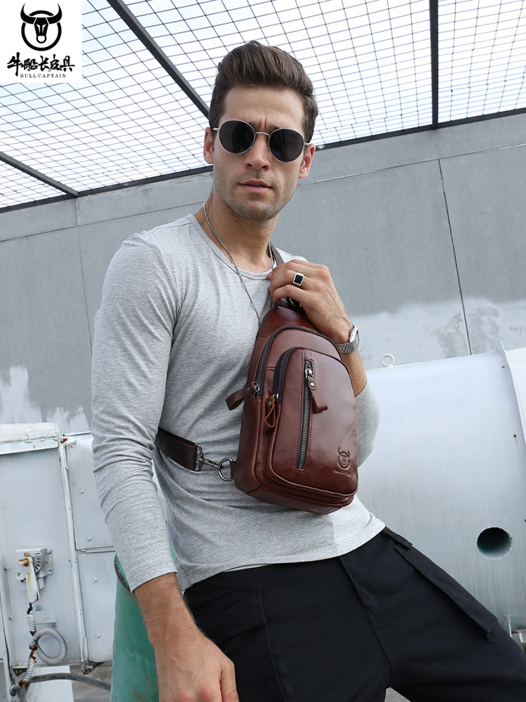 Capitán NIU hombres de cuero hombro crossbody pecho bolsa primera capa de piel de vaca moda multi-funcional deportes casual pecho bolsa