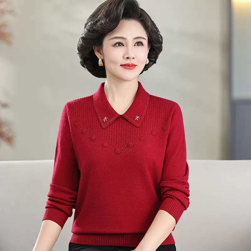 翻领针织打底衫宽松上衣洋气中年妈妈春秋毛衣中老年女秋装妈妈装