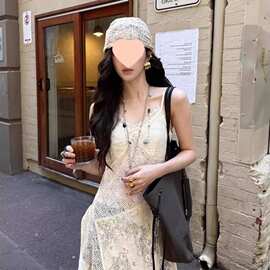 慵懒松弛感蕾丝镂空设计吊带连衣裙女不对称长裙图片色均码氨纶
