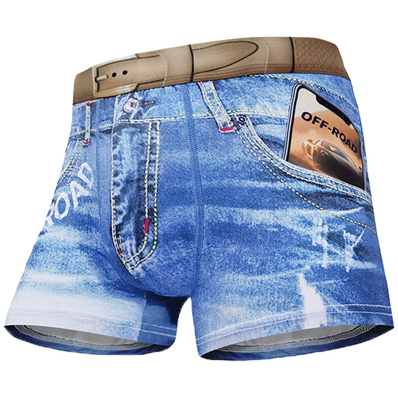 Boxer da uomo alla moda con stampa effetto denim, vita media, intimo sexy con cintura e design 3D._voghion.com