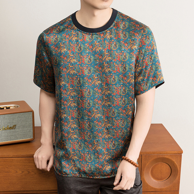 Áo thun nam cổ tròn tay ngắn lụa tơ tằm in họa tiết phong cách vintage — Gái tóc vàng8891