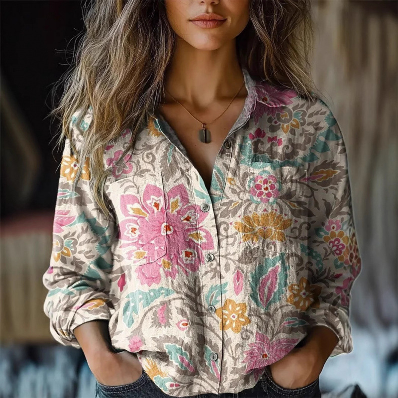 2025 New Amazon Cross-Border Bohemian Fashion Women's European and American Versatile Printed Casual Lapel Shirt