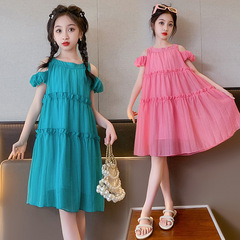 女童夏季露肩掛脖連衣裙2024新款兒童洋氣蛋糕公主裙小女孩長裙子