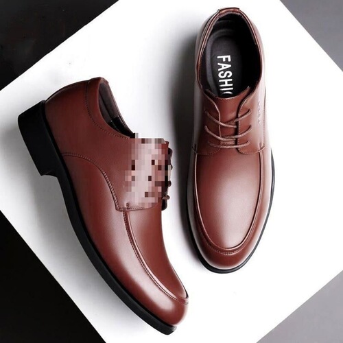 Soft Leather and Green Leather Shoes with Internal Height Increase, Breathable Business Formal Laced Black Men's Shoes with Soft Sole and Round Toe