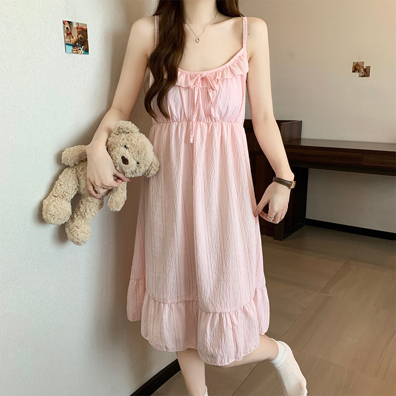 Nightgown with Breast Pads for Women, Cloud Cotton Edge Plaid Bow Skirt, Girl's Vest, Loose Princess Dress, Home Wear Nightgown with Breast Pads for Women, Cloud Cotton Edge Plaid Bow Skirt, Girl's Vest, Loose Princess Dress, Home Wear