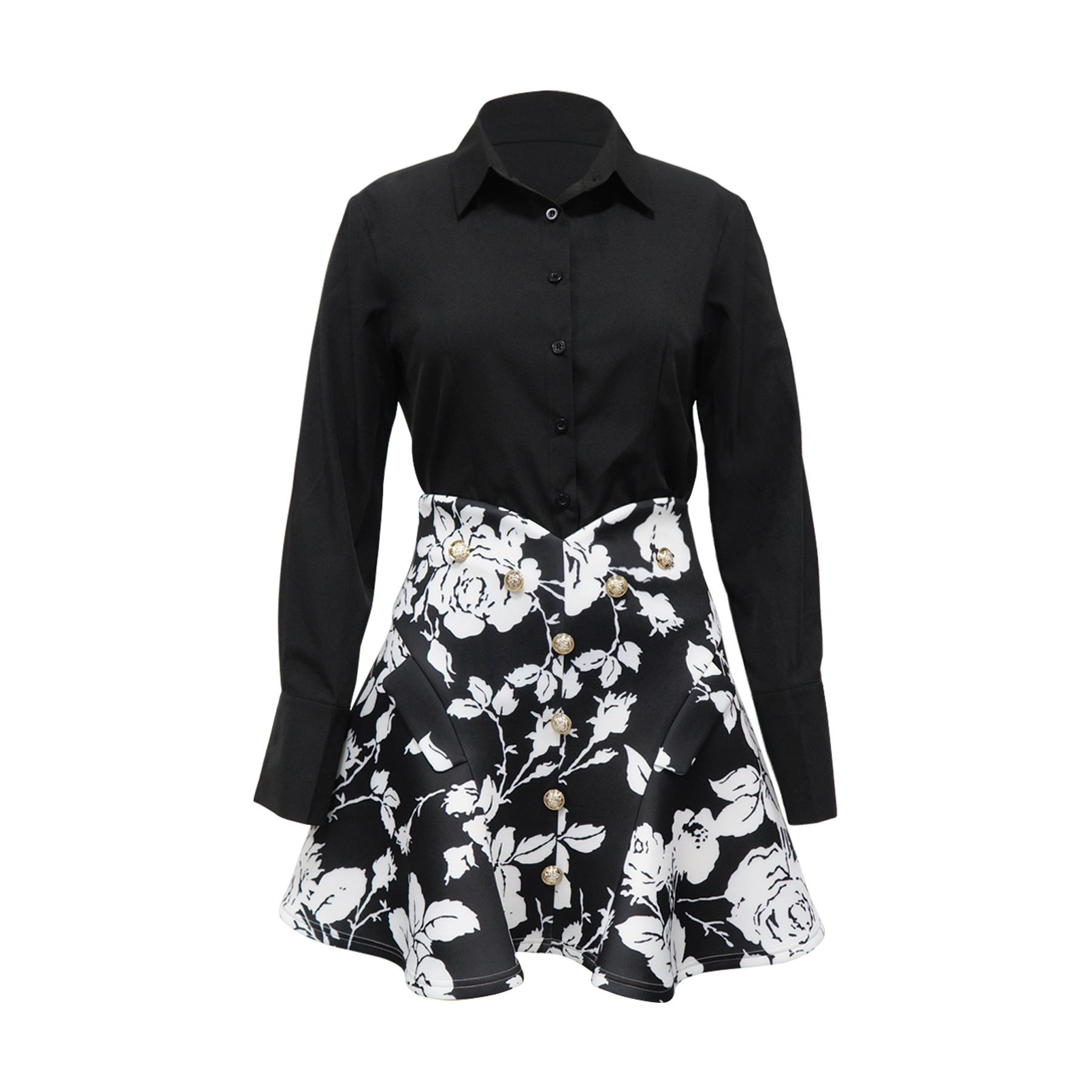 Women's Fashion Long Sleeved Collared Printed Skirt Set Waist Cinching Short_ecoleips.com