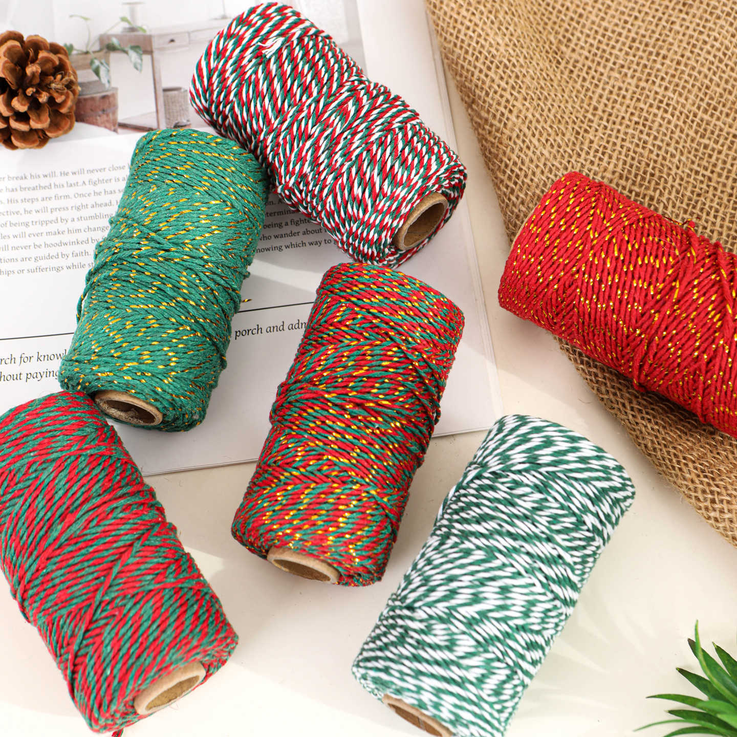 100m Cotton and Linen Rope Christmas Decoration Greeting Card Hanging Strap Two-Color Long Strap Cotton Rope Christmas Gift Gift Strap Rope