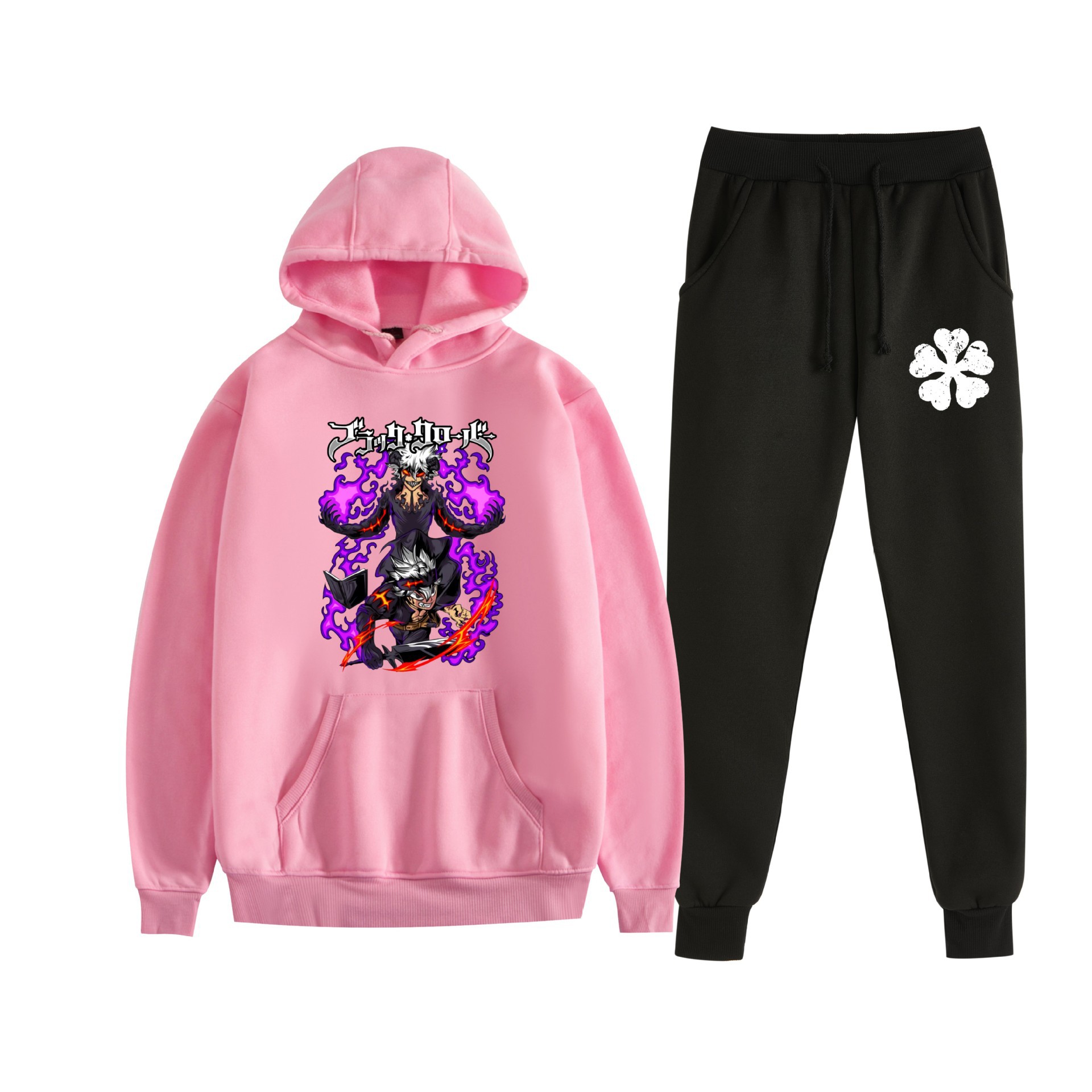 Europa y América otoño e invierno negro trébol de cuatro hojas periférico bidimensional hombres y mujeres deportes de ocio más suéter con capucha de terciopelo traje al por mayor