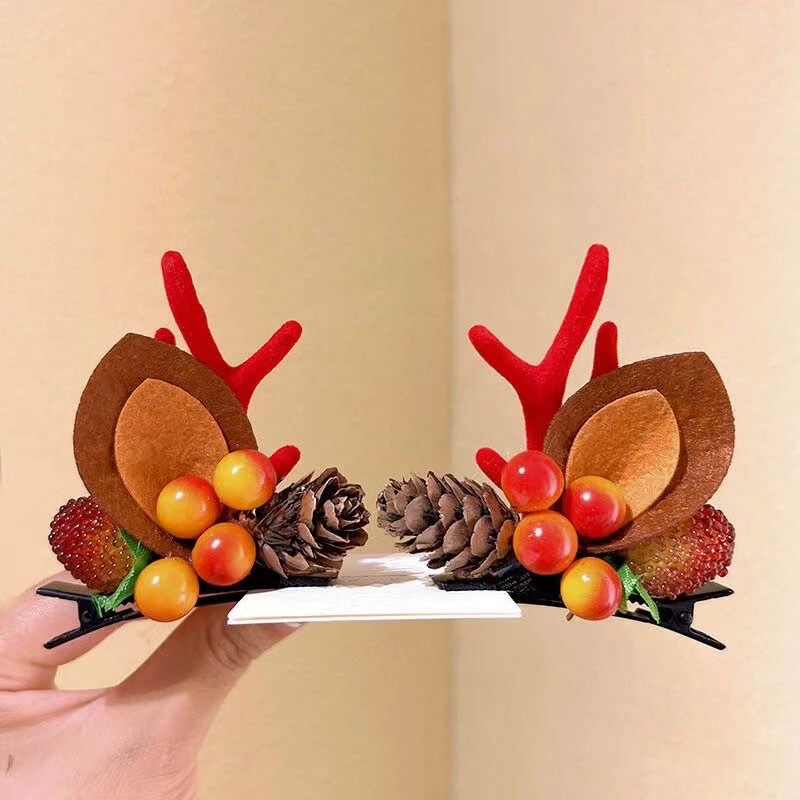 クリスマスの頭飾り森系ヘラジカのヘアピンが可愛い子供の鹿の角の耳のヘアピンのカチューシャのアクセサリーの小さいクリップの髪飾りです。|undefined