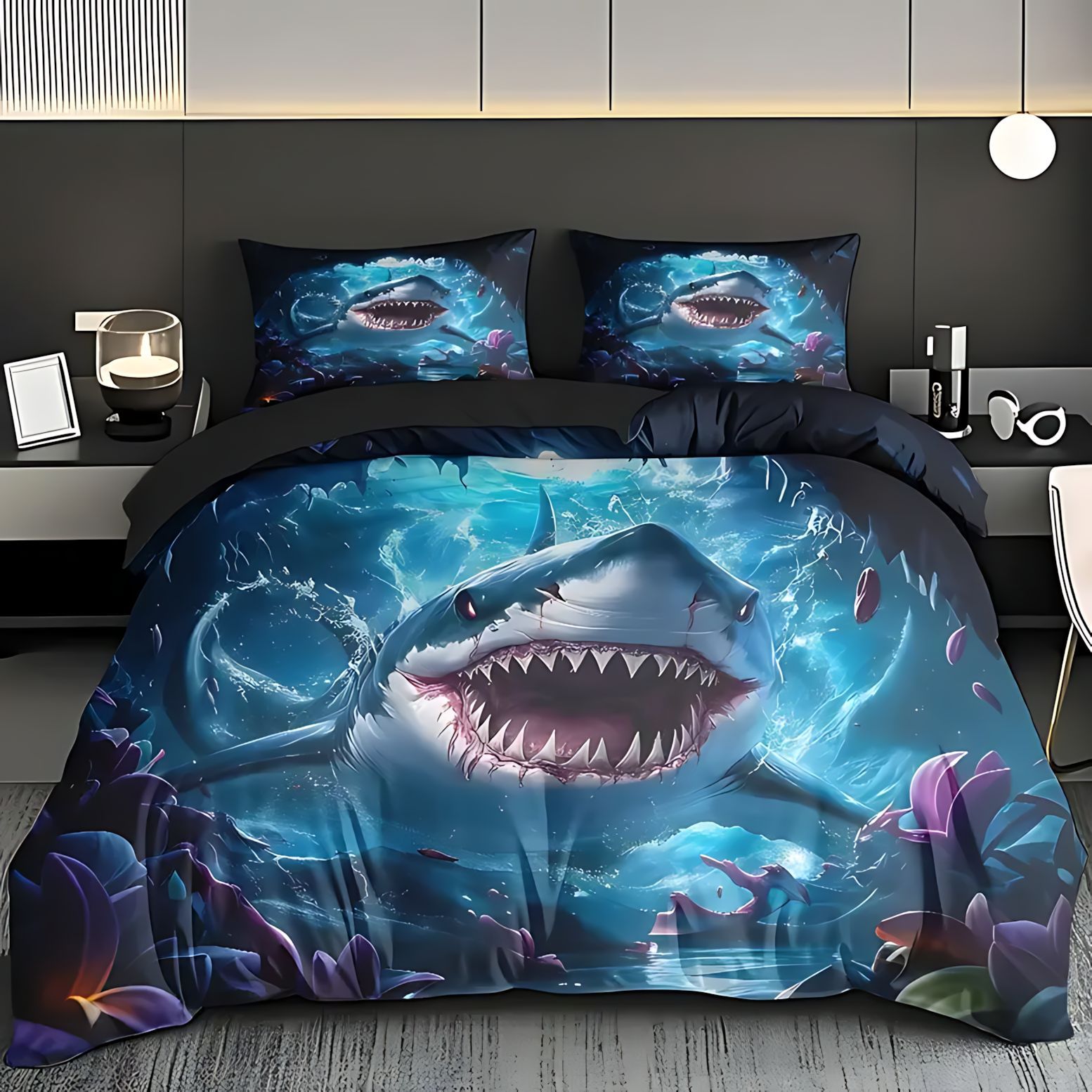 TEMU / JIT transfronterizo impresión de tiburón 3D impresión digital de alta definición colcha de cama kit para dibujar