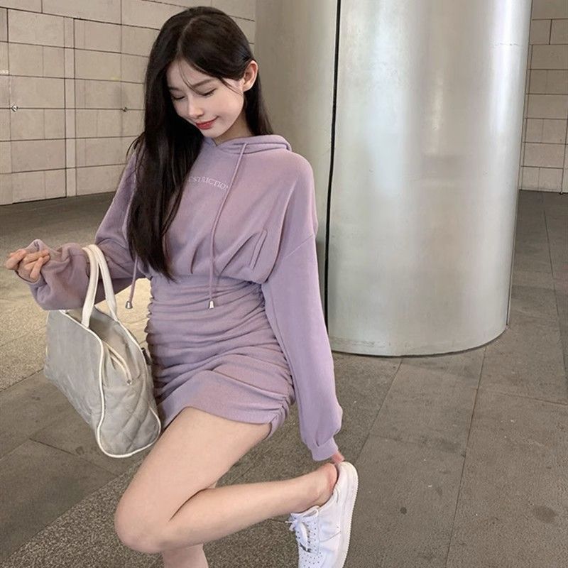 秋冬气质连衣裙小个子甜辣妹褶皱包臀短裙收腰紧身连帽卫衣打底裙|undefined