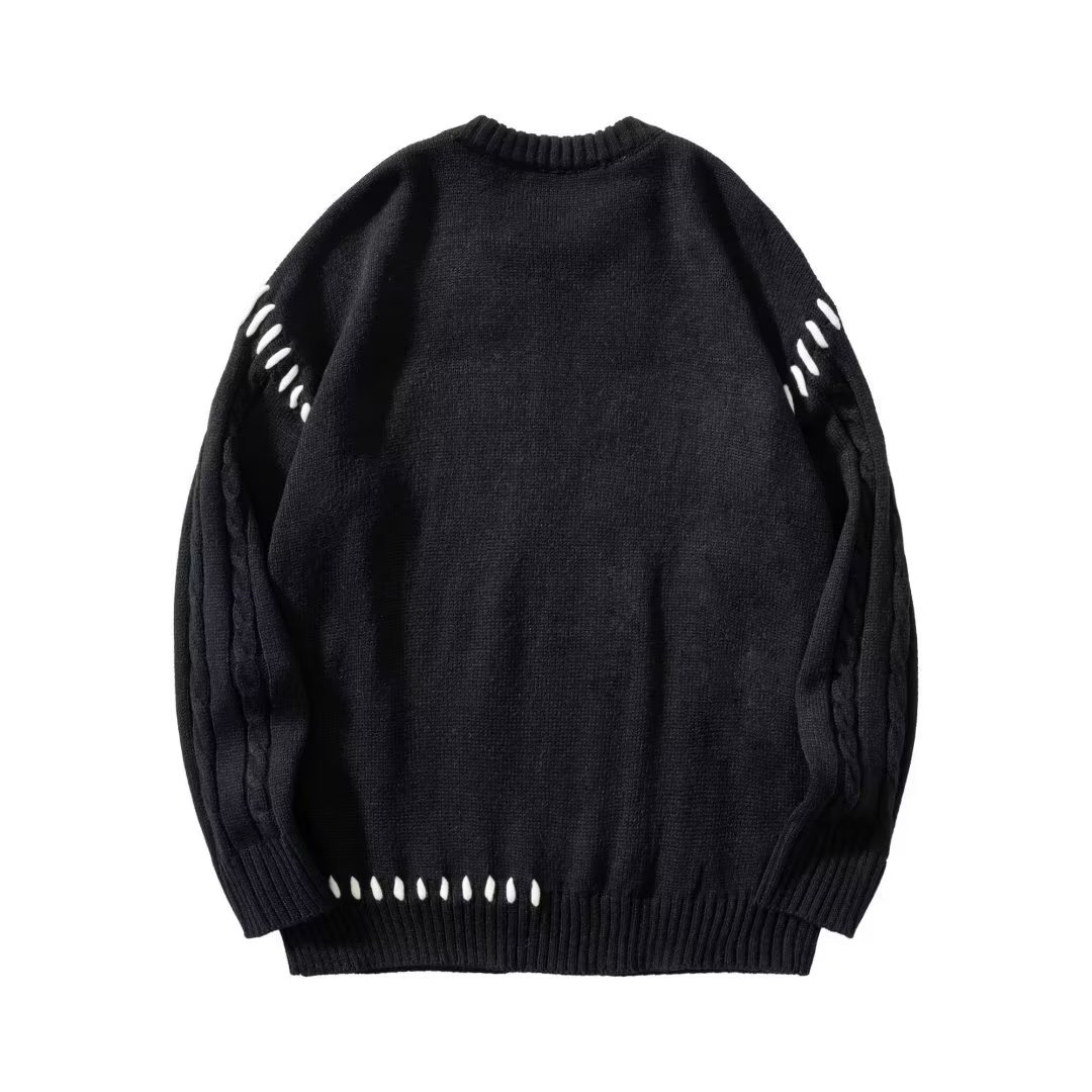 Tendencia de moda 2024 National Tide diseño original sentido alfabeto bordado correa torcido cuello redondo suelto suéter de nicho masculino