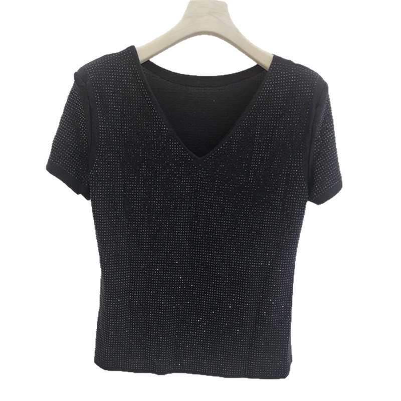 V-collar caliente taladro camiseta de manga corta para mujeres 2026 verano nuevo temperamento elegante delgado brillante chaqueta