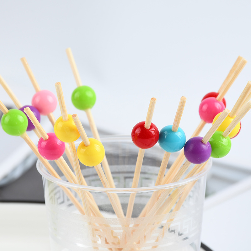 Fruit stick desechable colorido perlas bocadillos Fruit stick dibujos animados palillos de dientes limpios de una sola cabeza Fruit stick bambú