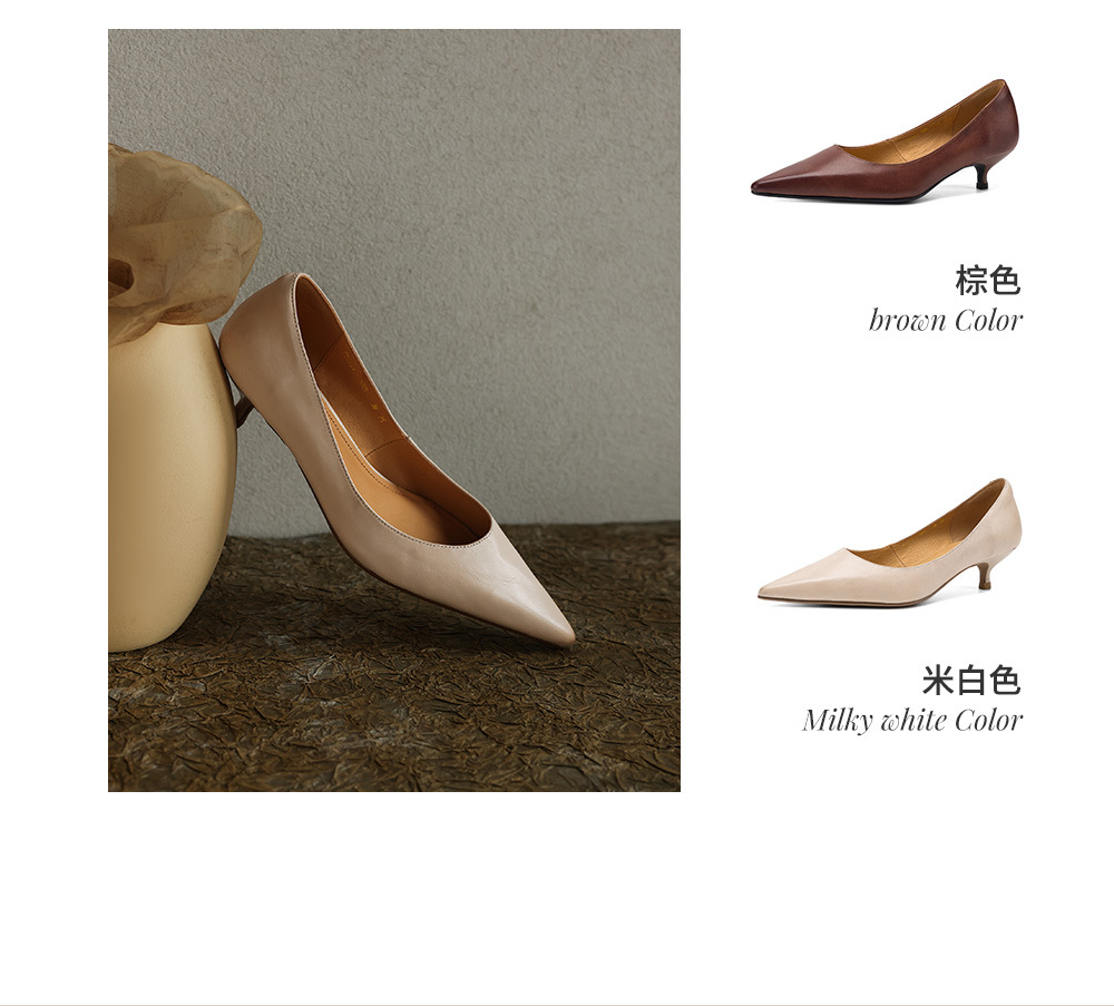 Giày đơn nữ mũi tròn bít da bò cao gót 4 cm phong cách Hàn Quốc — màu nâu chi tiết 6