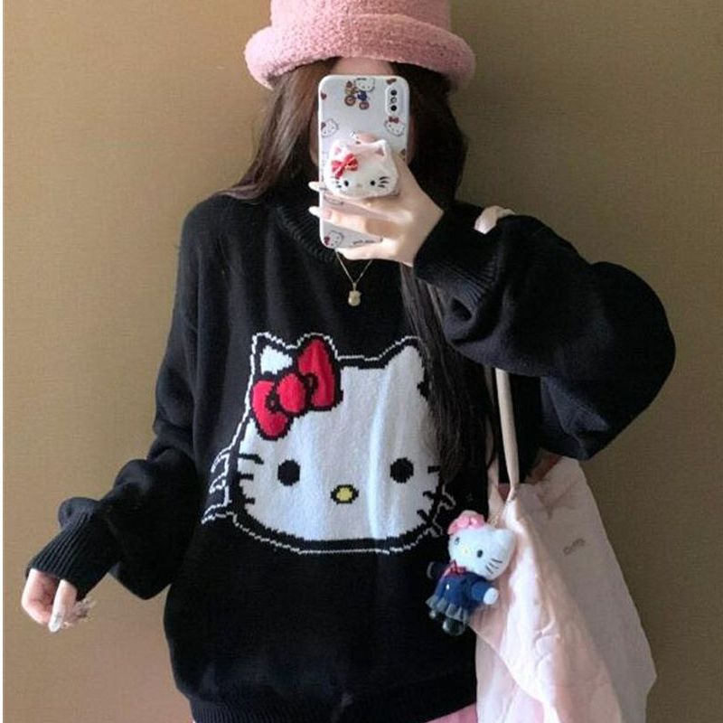 Japanese Style Sweet Style Hello Kitty Jacquard Crewneck Pullover Sweater Female Student Autumn and Winter New Loose Slimming Sweater Japanese Style Sweet Style Hello Kitty Jacquard Crewneck Pullover Sweater Female Student Autumn and Winter New Loose Slimming Sweater