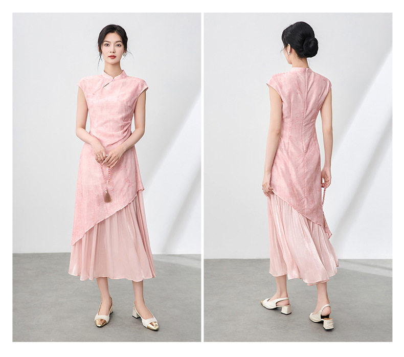 Đầm sườn xám maxi giả hai mảnh họa tiết hoa văn tối màu xếp li bóng gạc — Màu hồng chi tiết 14