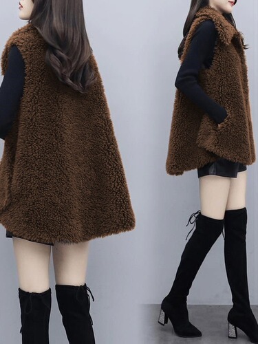 Women's New Autumn/Winter Faux Lamb Fleece Vests, Long-Sleeve Loose Peacoat Jacket