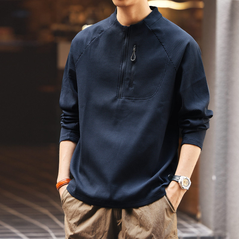 Hot Classy 2025 Autum Waffle Stand-Up Collar Sweatshirt Men's Loose Casual Long-Sleeved Half-Zip Bottoming Shirt