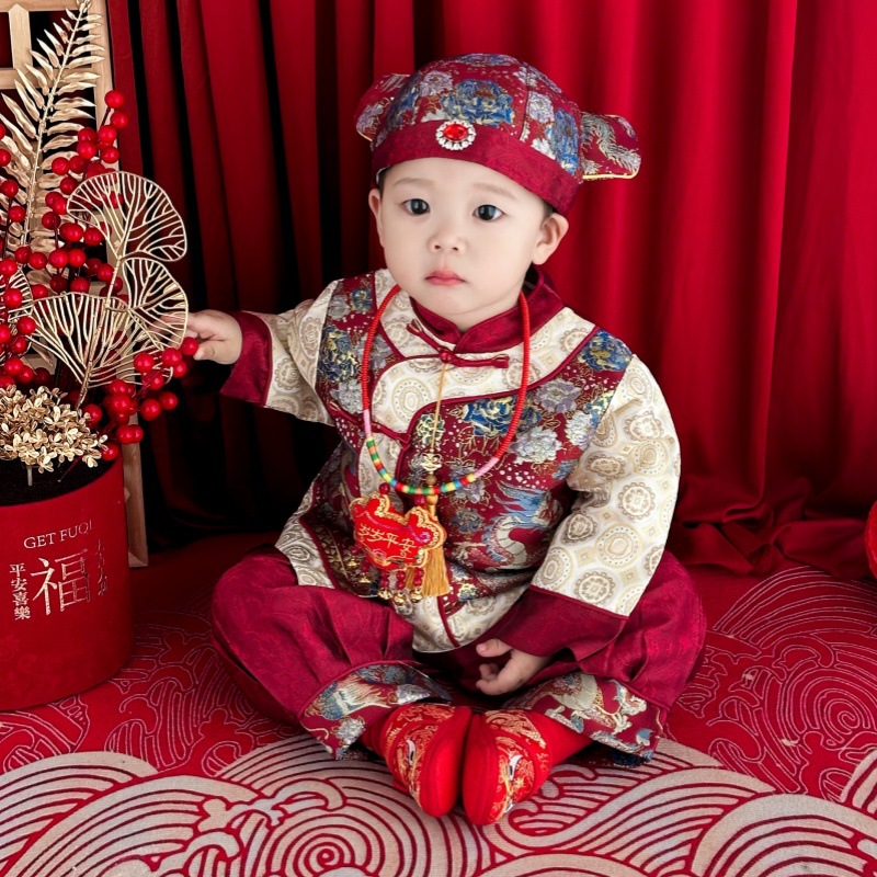 26 Spring New Style Baby Boy One-Year-Old Formal Wear Chinese Style Red Tang Suit Baby's First Birthday Outfit Festive New Year Outfit Manufacturer
