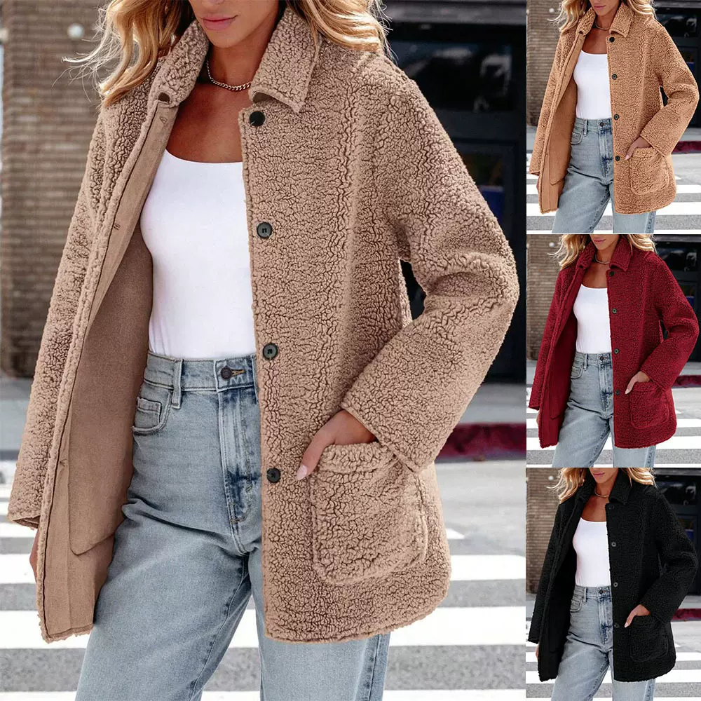 2025冬季新款亚马逊欧美跨境女装爆款毛毛长袖翻领毛绒上衣外套女