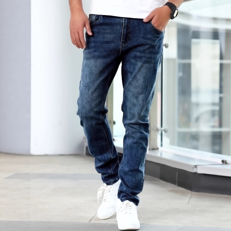 Men's Straight-Leg Jeans with Medium Stretch, Cycling Style Men's Pants, Street Style Dark Blue Denim Trousers Men's Straight-Leg Jeans with Medium Stretch, Cycling Style Men's Pants, Street Style Dark Blue Denim Trousers