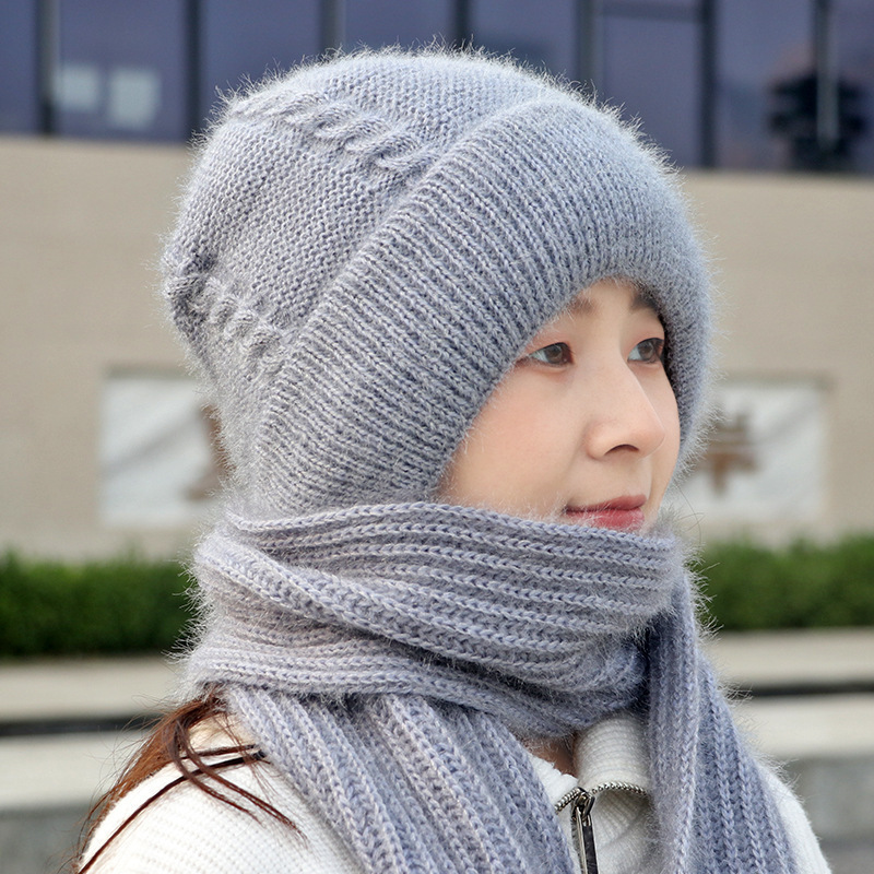 Otoño e Invierno nuevo sombrero para las mujeres de lana forrada engrosada a prueba de frío bufanda sombrero integrado gorro cálido sombrero de Punta cerrada sombrero de lana de punto
