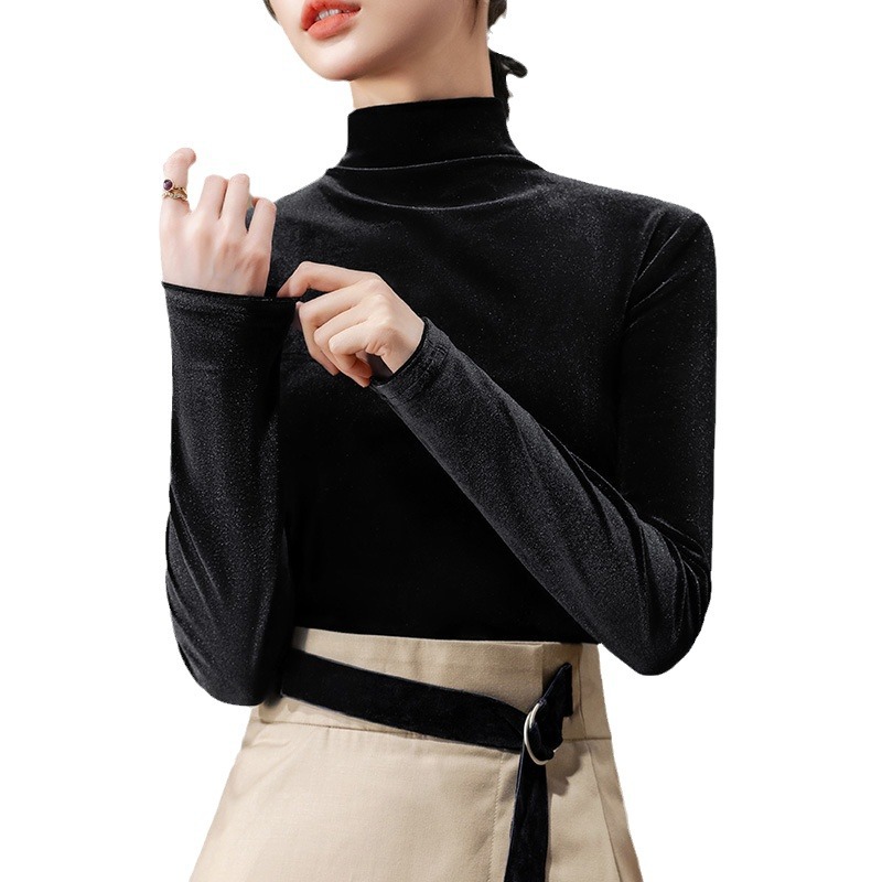 Camisa de fondo de terciopelo para las mujeres 2023 nuevas mujeres elegante medio cuello alto estilo occidental pequeña camisa cintura-apretado interior de manga larga