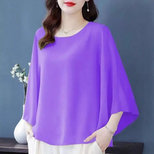宽松雪纺上衣女2025新款圆领蝙蝠袖夏季女装短袖大码遮肚子小衫潮
