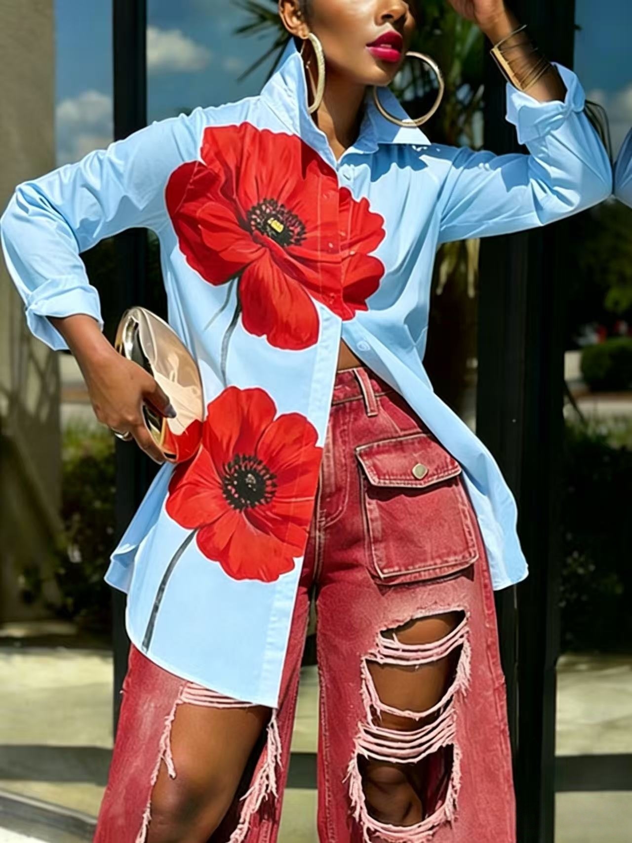 Women's Clothing Spring/Summer Women's Large Red Floral Print Collared Shirt Long Sleeve Loose Fit Mid Length Style Top_ecoleips.com