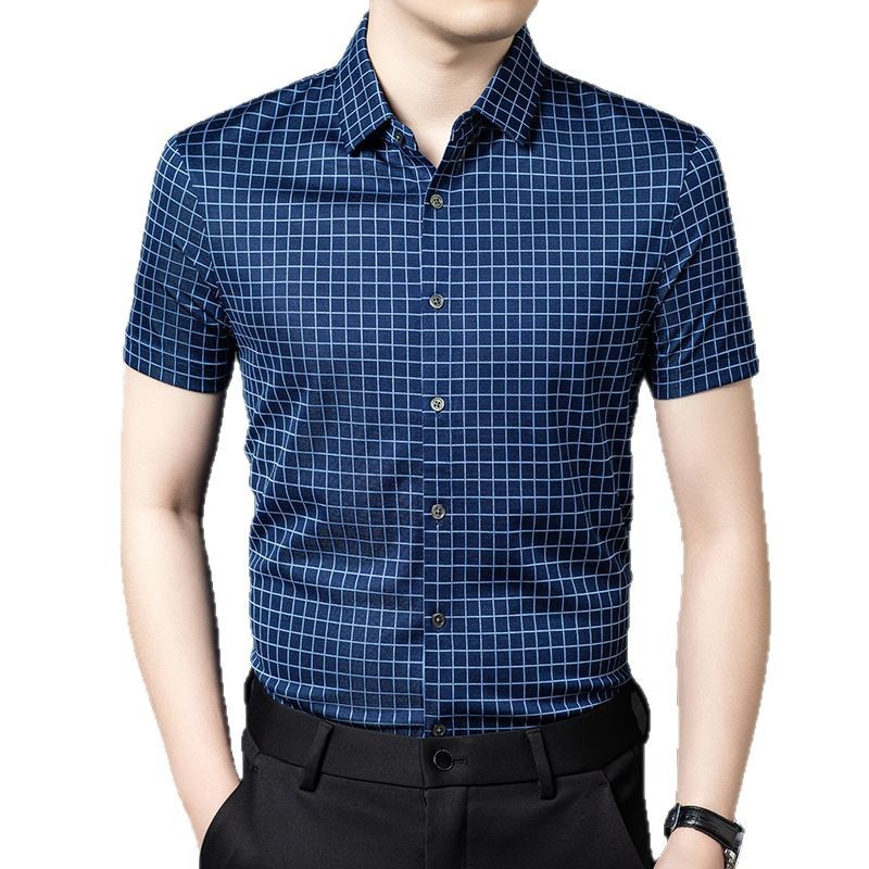 Áo sơ mi nam ngắn tay lụa tơ tằm kẻ sọc cao cấp — Caro xanh JS160160