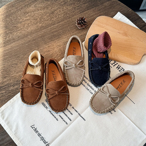 Children's unisex shoes for autumn, featuring bow ties for girls and boys, casual bean-shaped shoes for babies, kids' leather shoes.