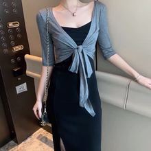 小披肩灰色绑带开衫女2022夏季莫代棉外搭长短修身显瘦防晒衣外套